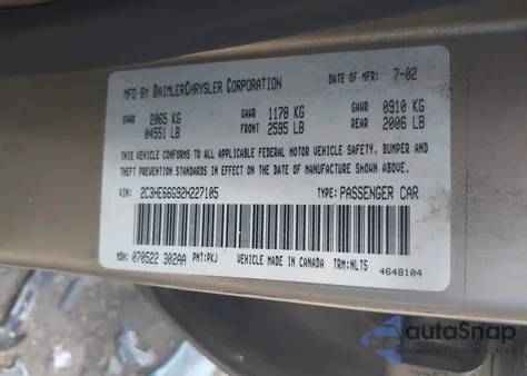 2002 Chrysler 300M z USA, uszkodzony, nr VIN 2C3HE66G92H227105